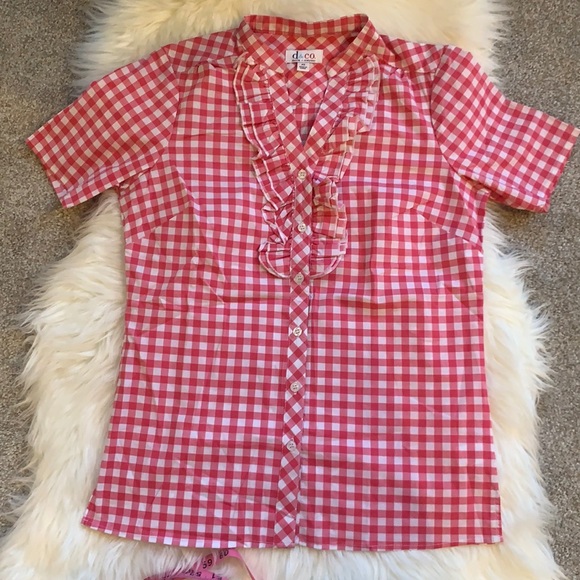 QVC Tops D Co Pink Gingham Button Up Shirt W Ruffles Poshmark